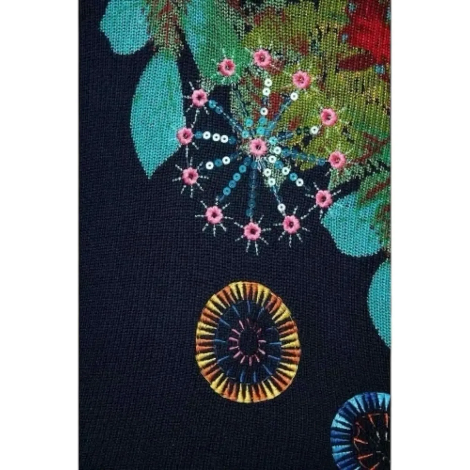 Desigual Floral Embroidered Fringe Hem Sweater Boho Artsy‎ Knit Navy Sz S - Image 4