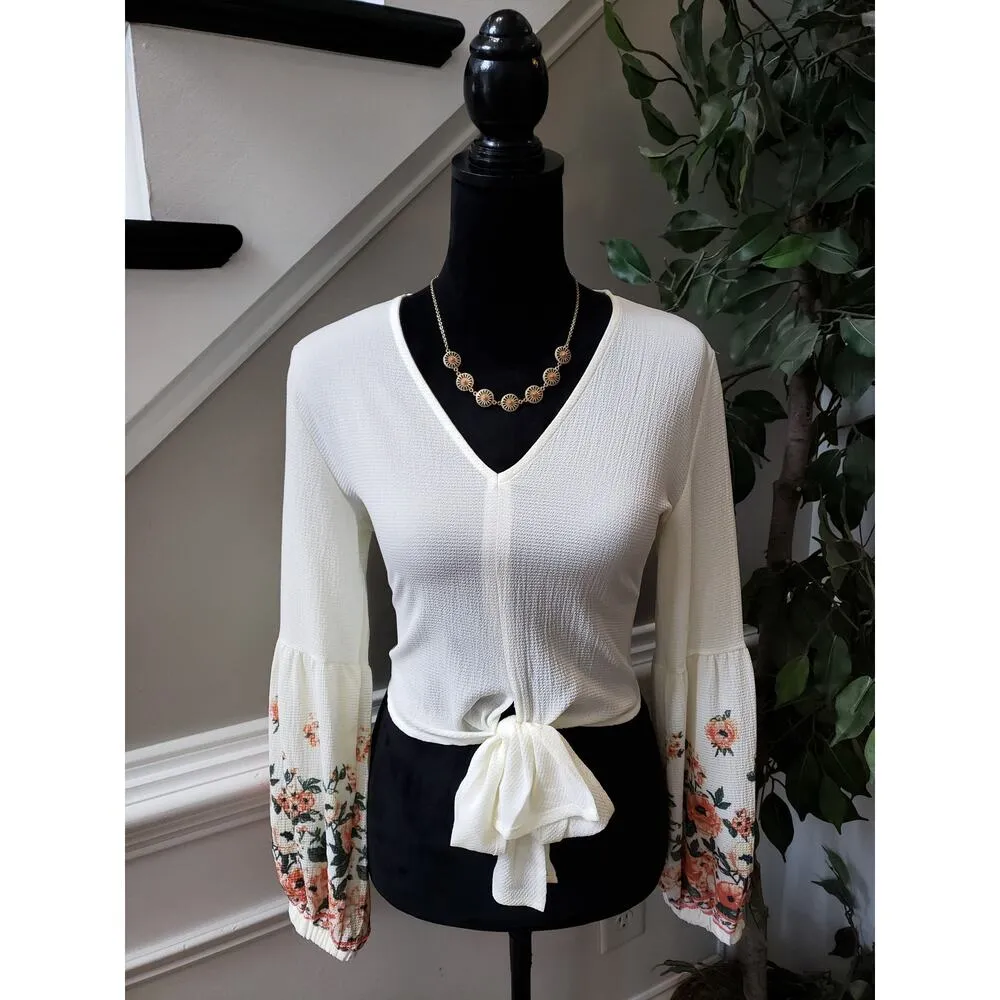 Women's SHEIN White Tie Front Top M Floral Bell Sleeve V Neck Blouse Shirt - Image 3