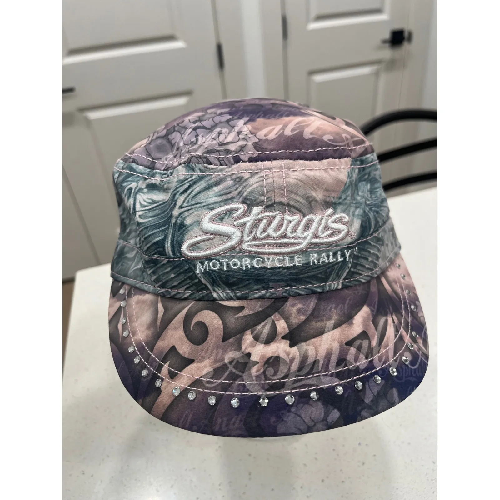Sturgis Motorcycle Rally Womens Army Cap Bling Rhinestones Tattoo Print Purple - Image 2