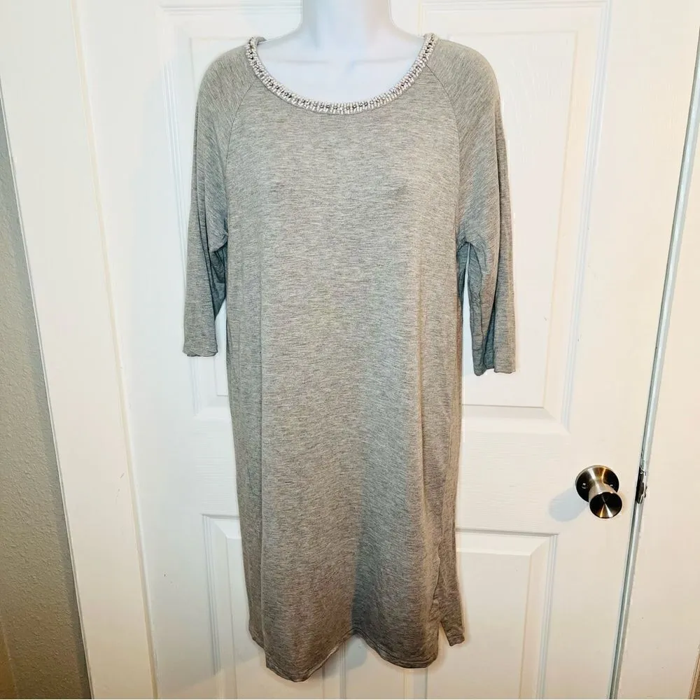 Philosophy Beaded Neck Tshirt Dress 3/4 Sleeves Grey Marled M - Image 5