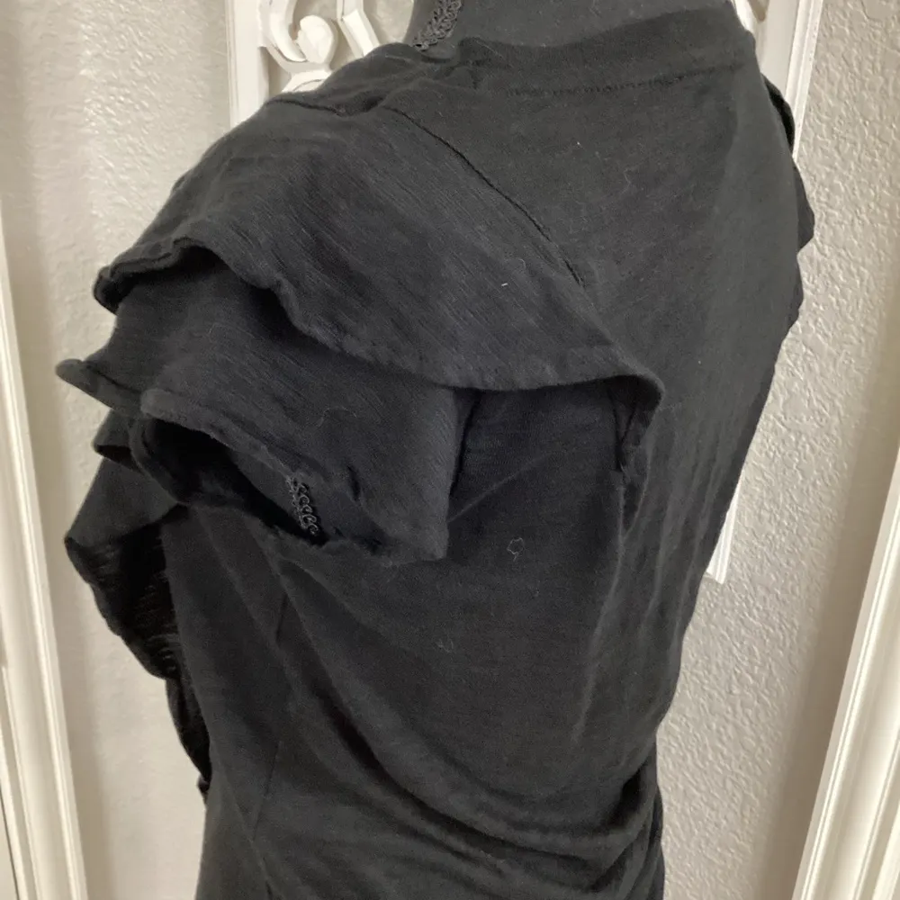 White House Black Market Black Ruffled Cap Sleeve T-Shirt - Image 4