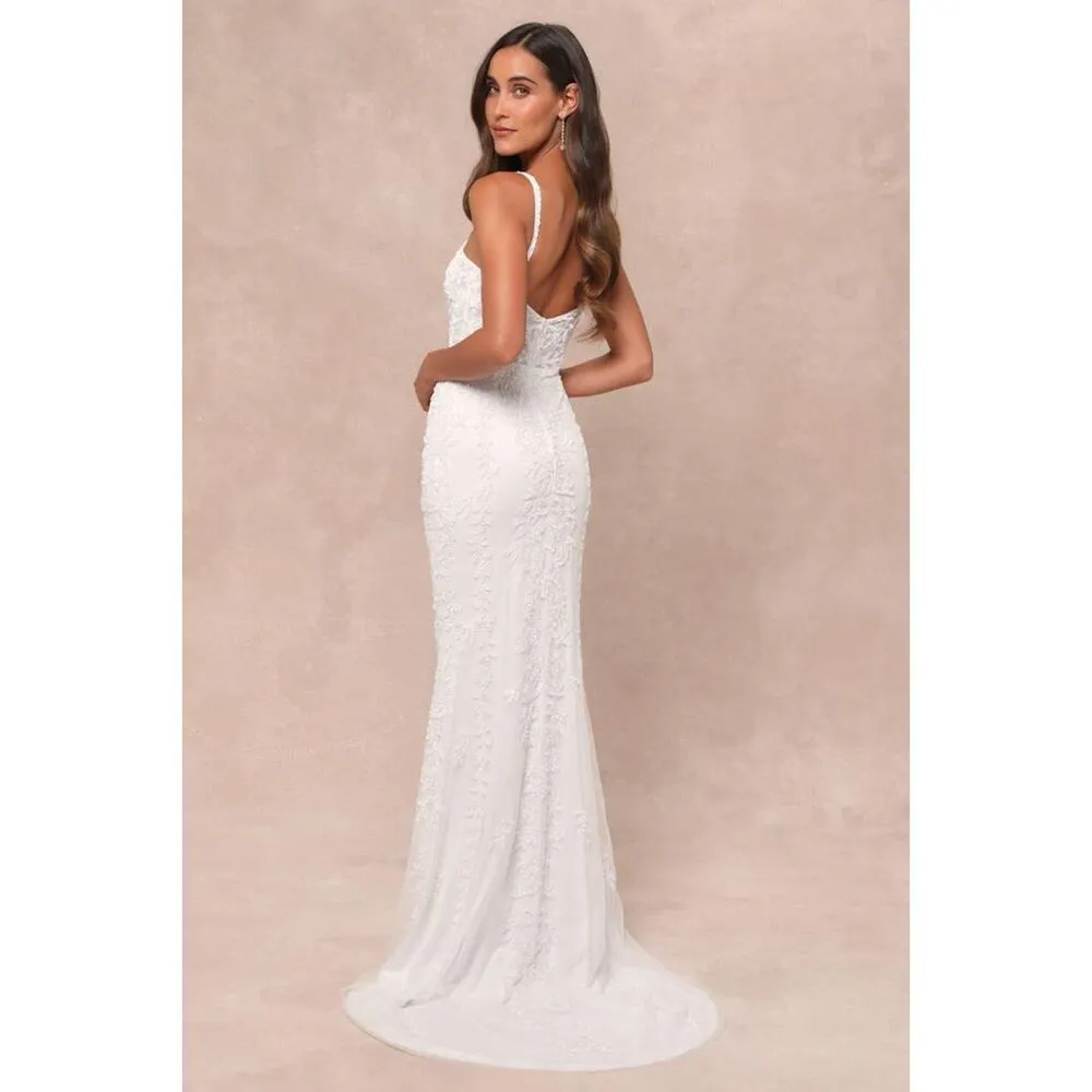 Lulus Momentous Love White Beaded Bustier Mesh Mermaid Maxi Dress Size XL - Image 2