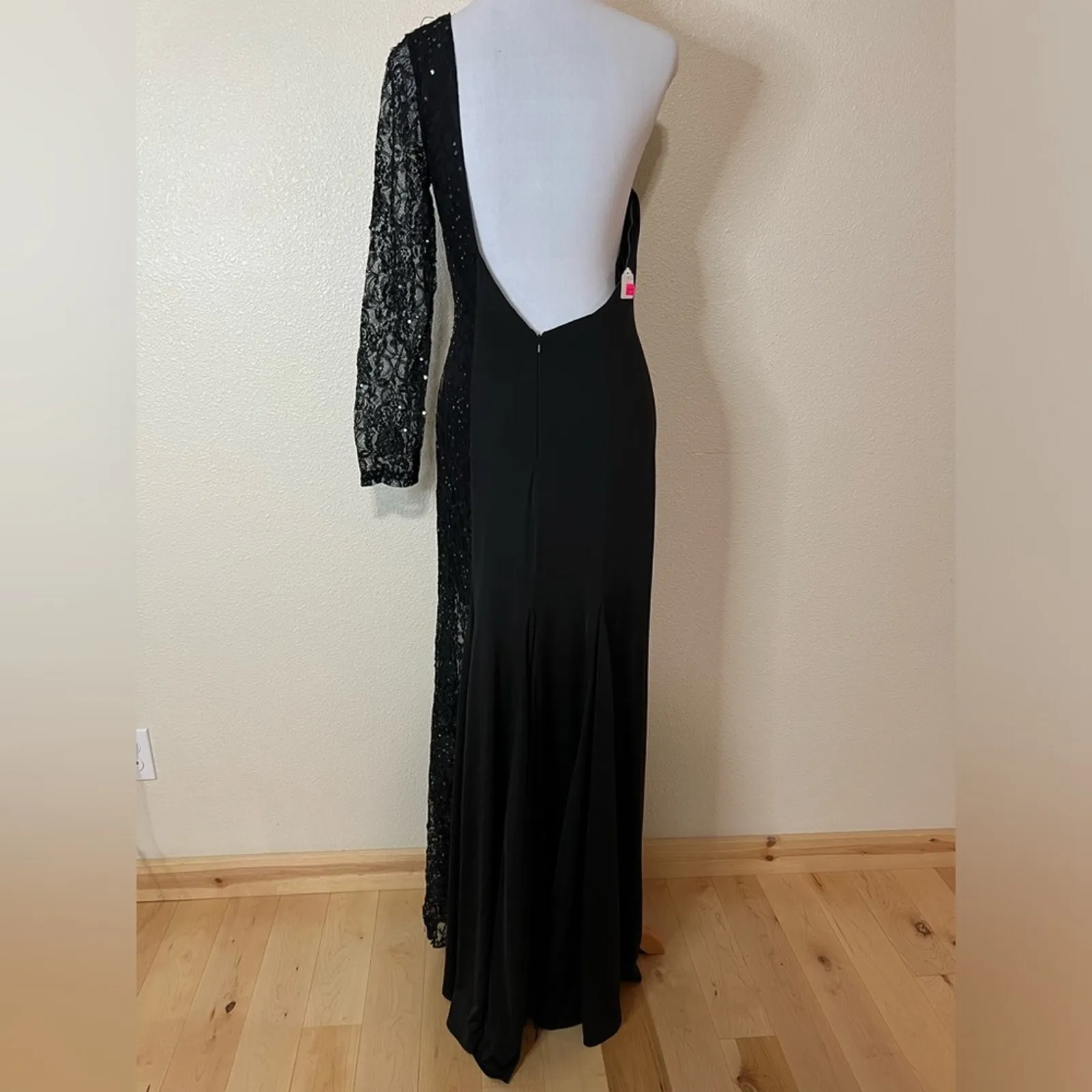 Alyce Designs black one shoulder long sleeve lace sequin jersey dress NEW 10 - Image 4