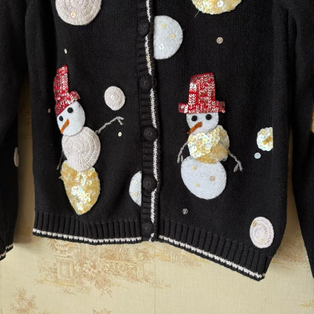 Vintage black sequin snowmen Christmas polka dot winter holiday cardigan sweater - Image 4