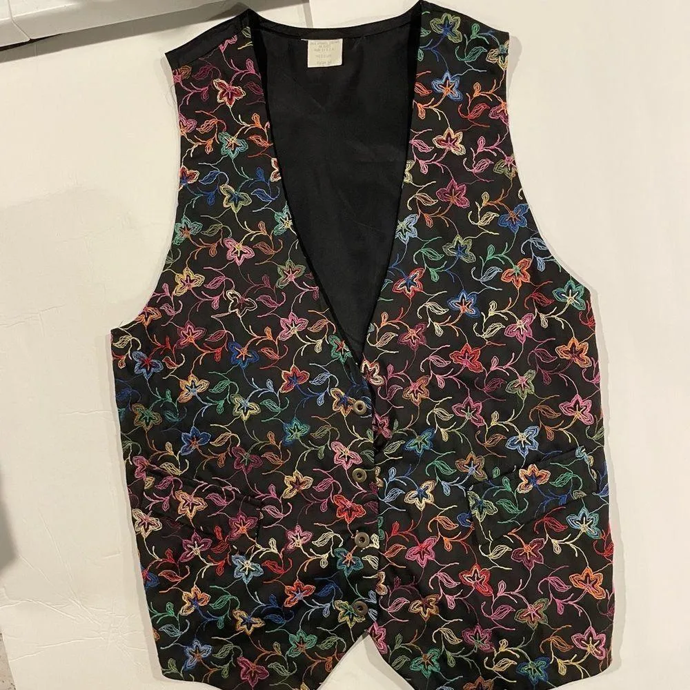 Groovy ✨Vintage 90’s oversized black and rainbow floral embroidered 🌈 vest Size M - Image 6