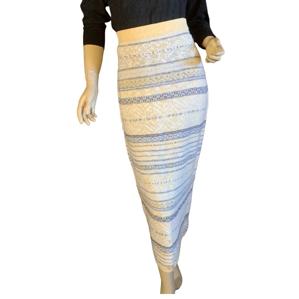 VINTAGE 1990'S LIZ SPORT YELLOW, GRAY & WHITE PENCIL SWEATER SKIRT (M) Yellow Size M - Image 2