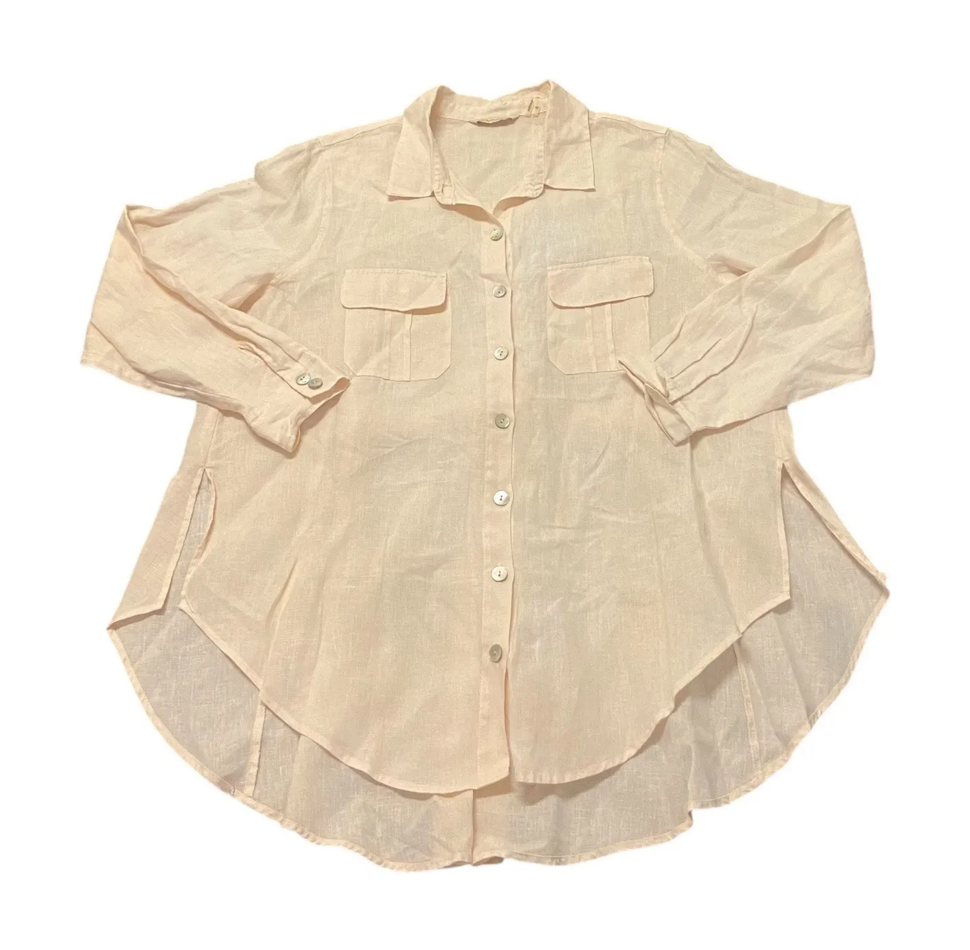 Soft Surroundings XL Peachy Pink 100% Linen Shirt Top Tunic Tie Back Pockets - Image 1