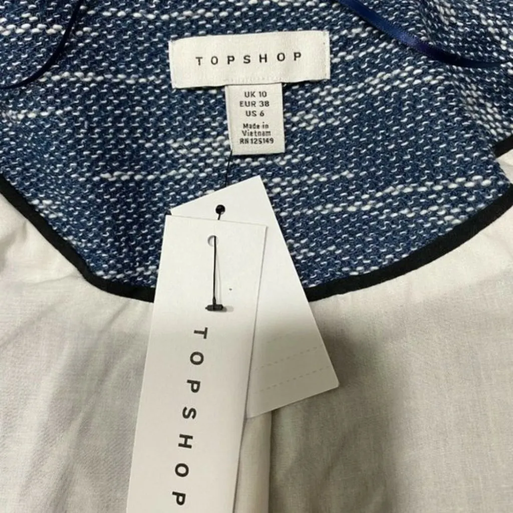 Topshop Blazer Jacket 6 Tweed‎ Fringe Blue White Open Pockets Career Womens New - Image 9