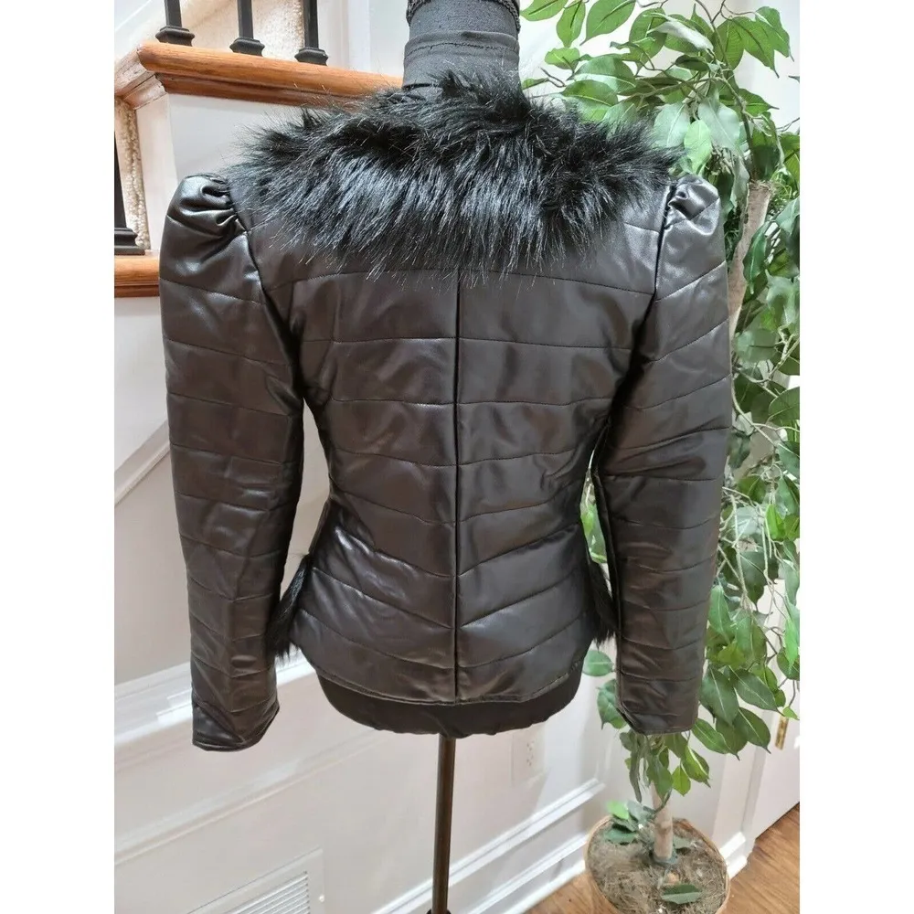 Hua Hua Meiyi Women's Black Leather Long Sleeve Faux Fur Casual Jacket Size S - Image 7