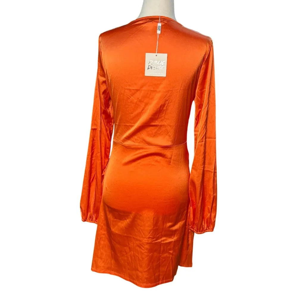 NEW PUBLIC DESIRE Vibrant Orange Satin Wrap Party Chic Dress Ruched Long Sleeves Size 4 - Image 2