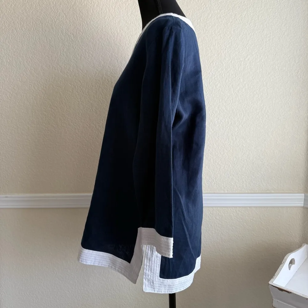 Coastal Grandma Style Nautical Tunic Linen Top Jones New York Size M Blue White - Image 6