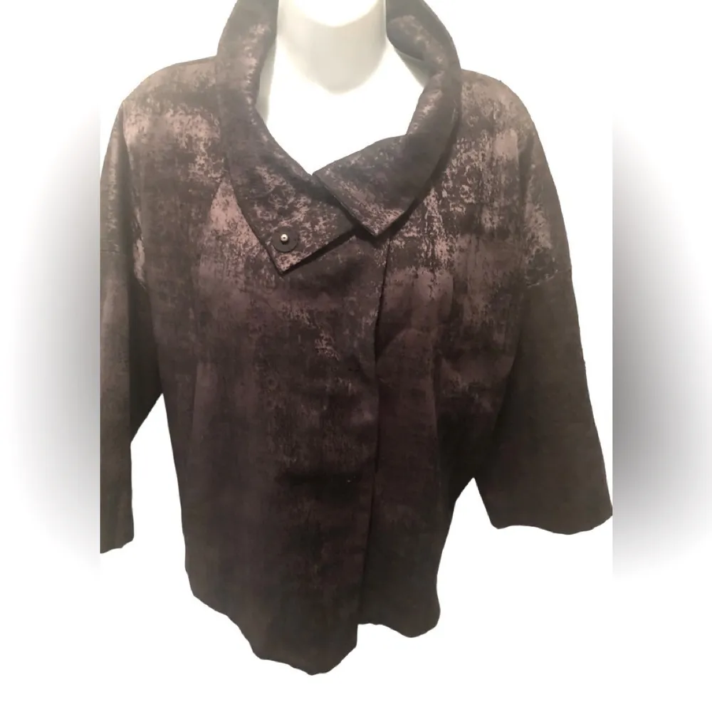 Eileen Fisher Boxy Short Jacket PM Stand Up Collar 3/4 Sleeve Gray Sheen Print - Image 2