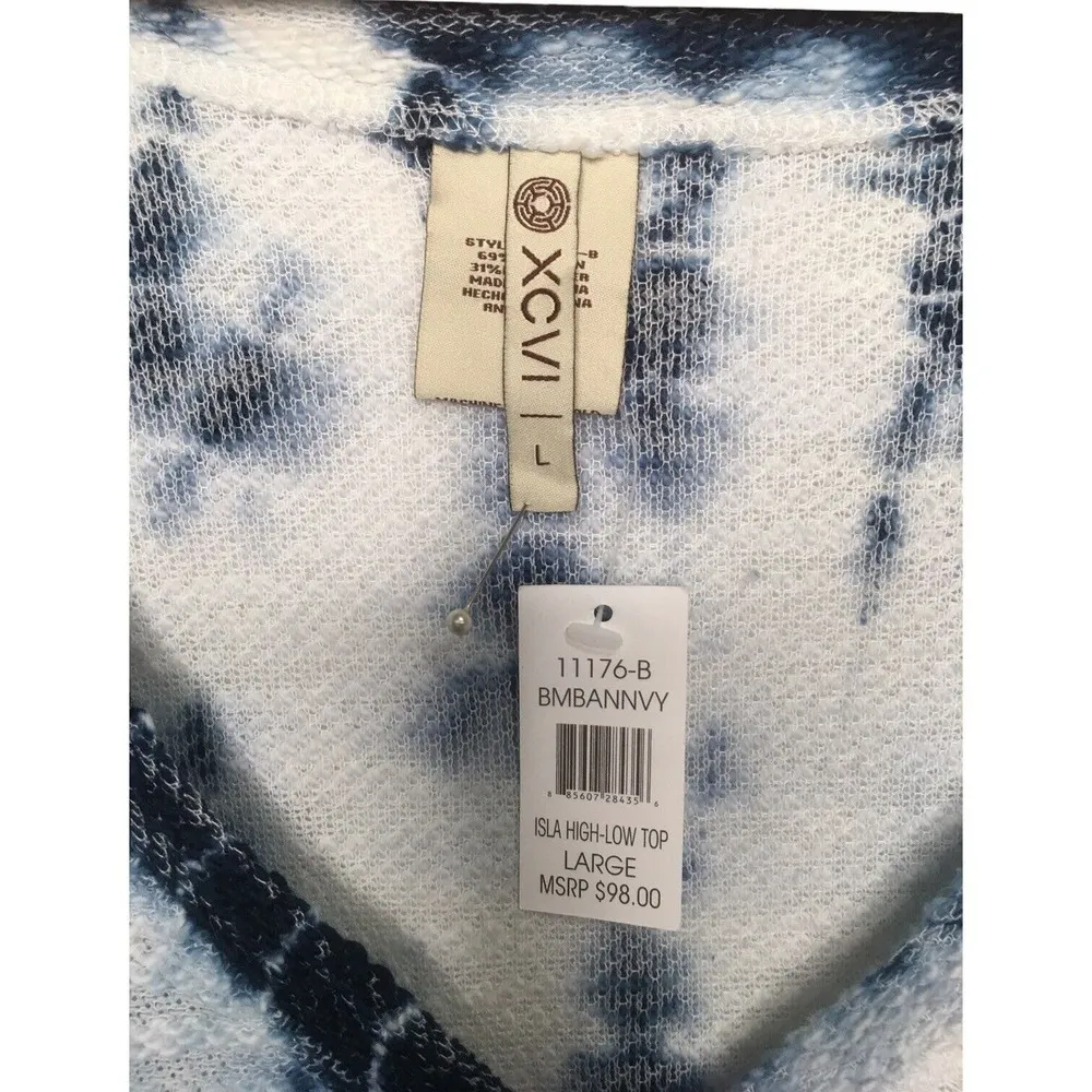 New XCVI Top Womens L Tie Dye Tunic Boho V Neck Short Sleeve Textured Knit Blue - Image 5