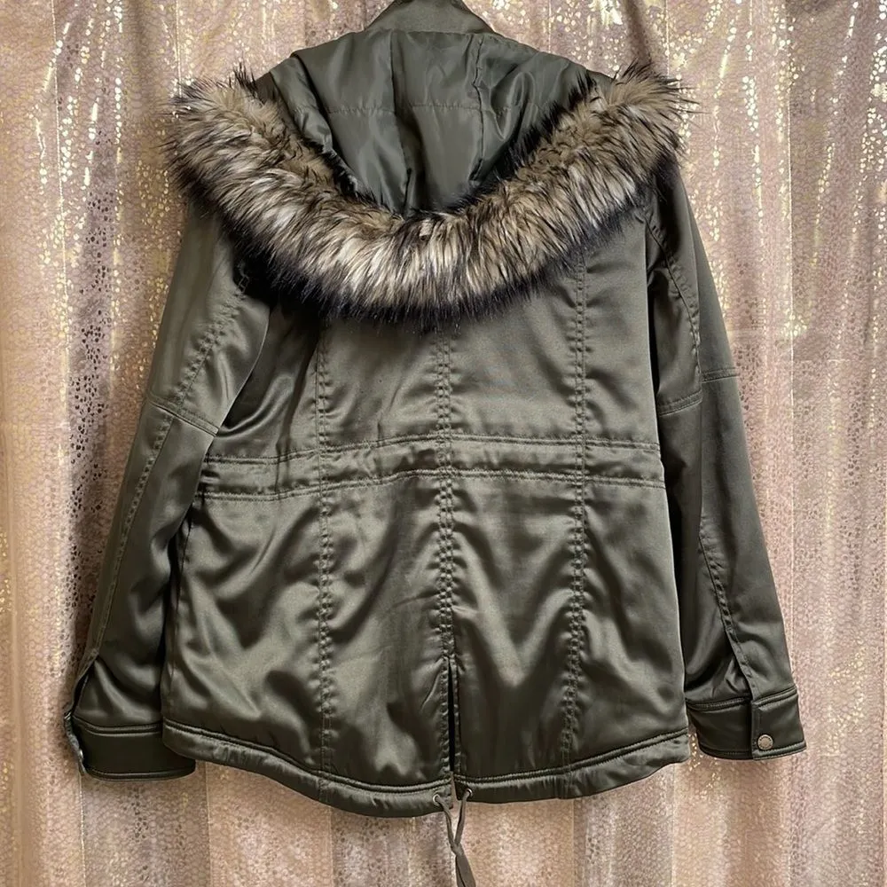 olive green faux fur hooded silky winter jacket, size M - Image 5