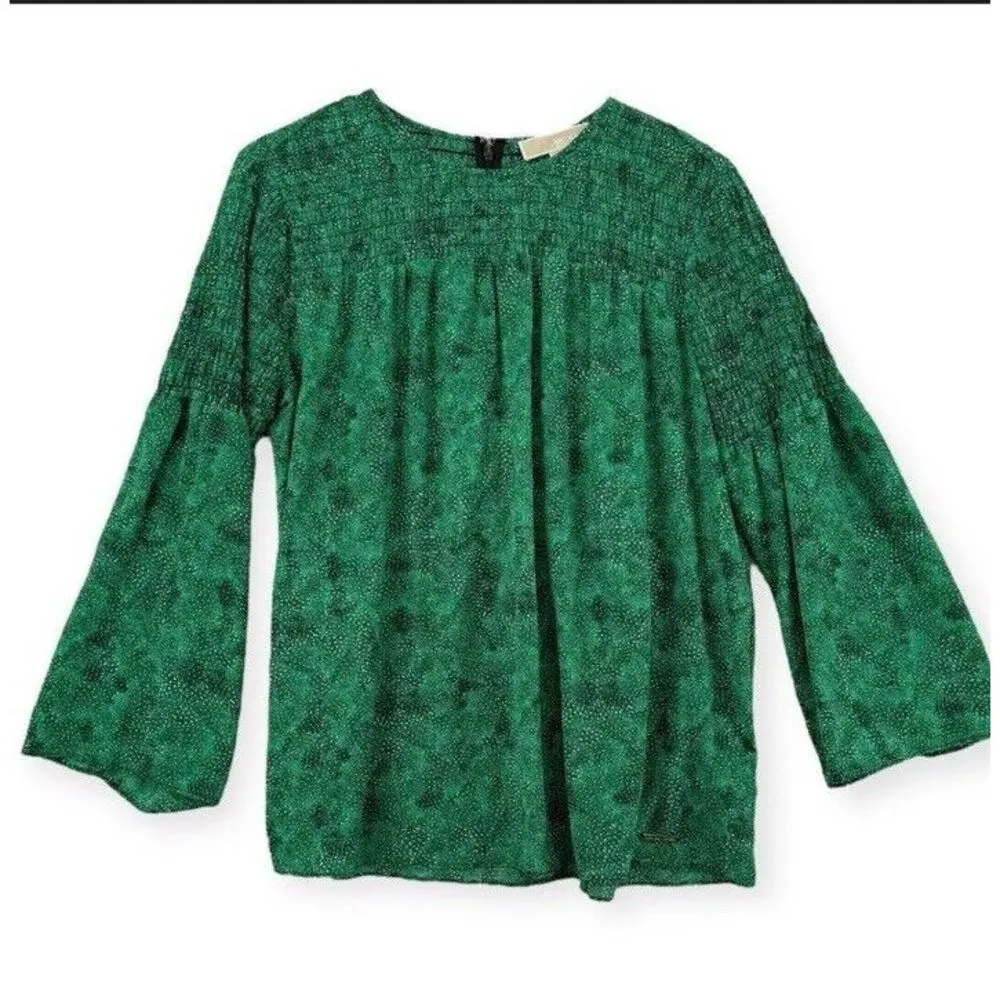 Michael Kors Top Womens Size Large Smocked Printed Green Blouse Peasant - Image 2