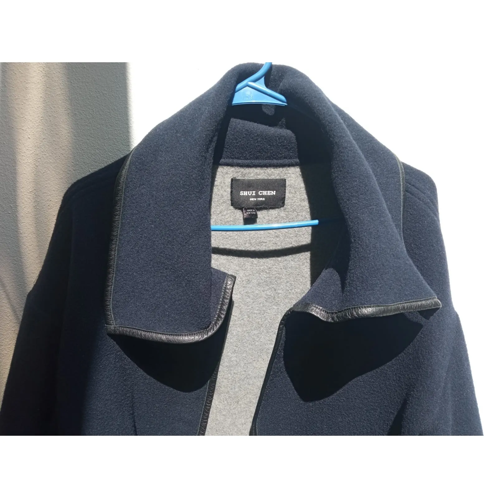 SHUI CHEN New York Women's Open Blazer Jacket Leather Italian Wool Blue Sz M/G Size M - Image 3