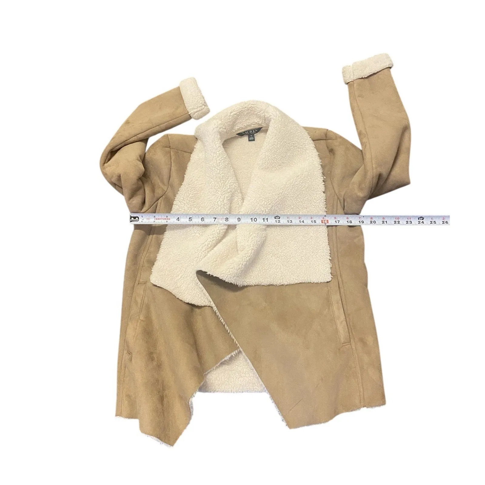 Ralph Lauren Faux Suede Sherpa Fleece Draped Front Luxury Jacket Tan Beige Small - Image 4