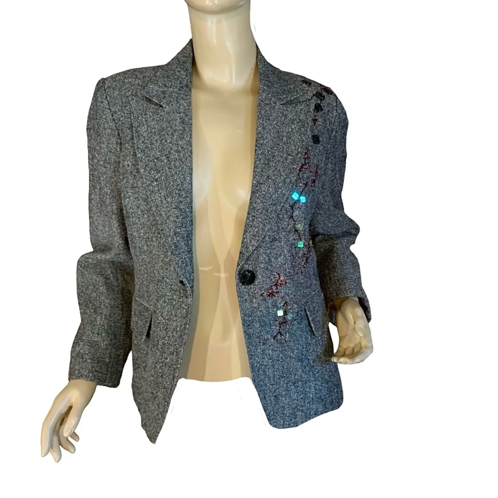VINTAGE PARISIAN GRAY W/ RED, BLACK & IRIDESCENT SEQUIN EMBELLISHED BLAZER (10) - Image 7