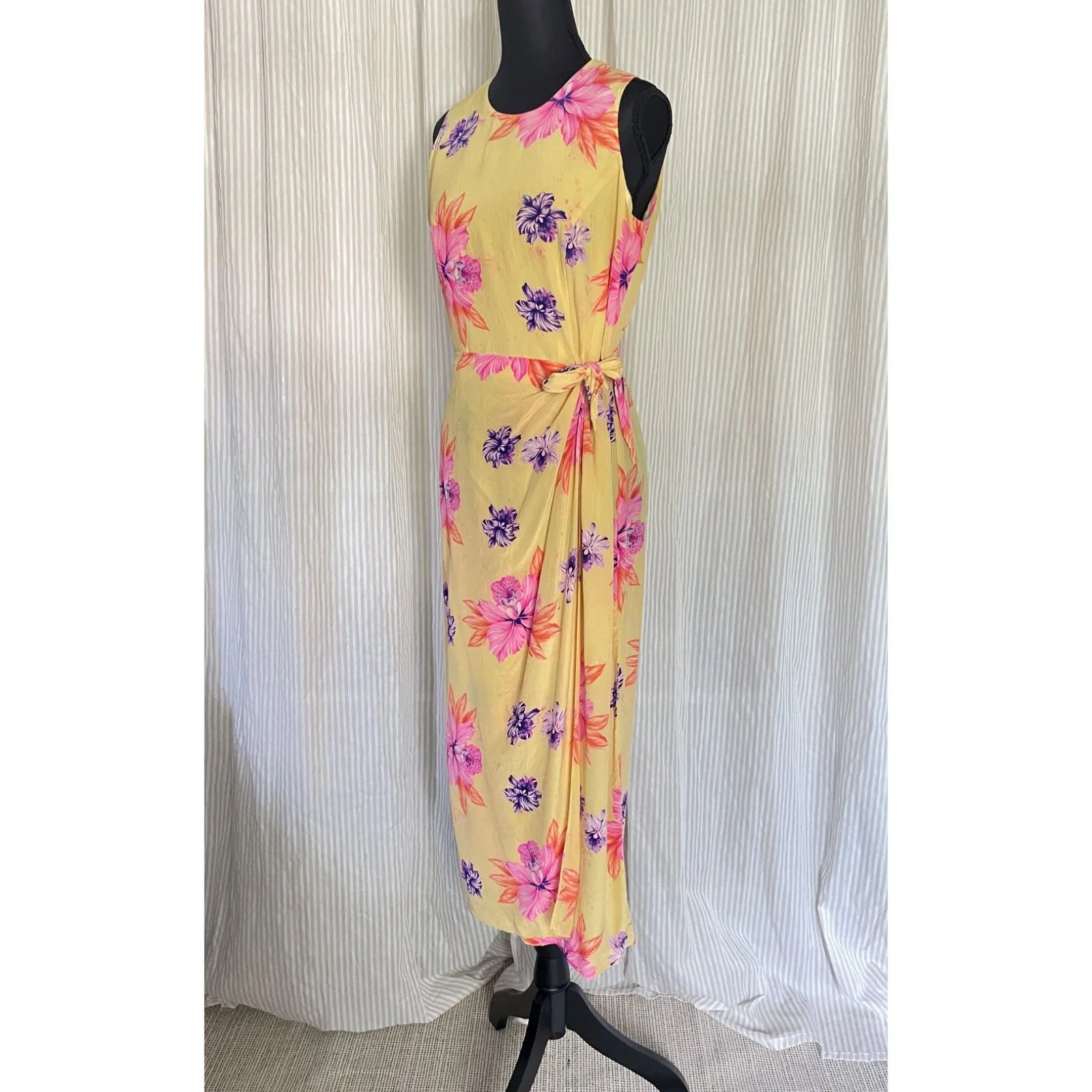 VTG Spenser Jeremy Womens Silk Wrap Tie Maxi Dress Sz 8 Yellow Floral Sleeveless - Image 2
