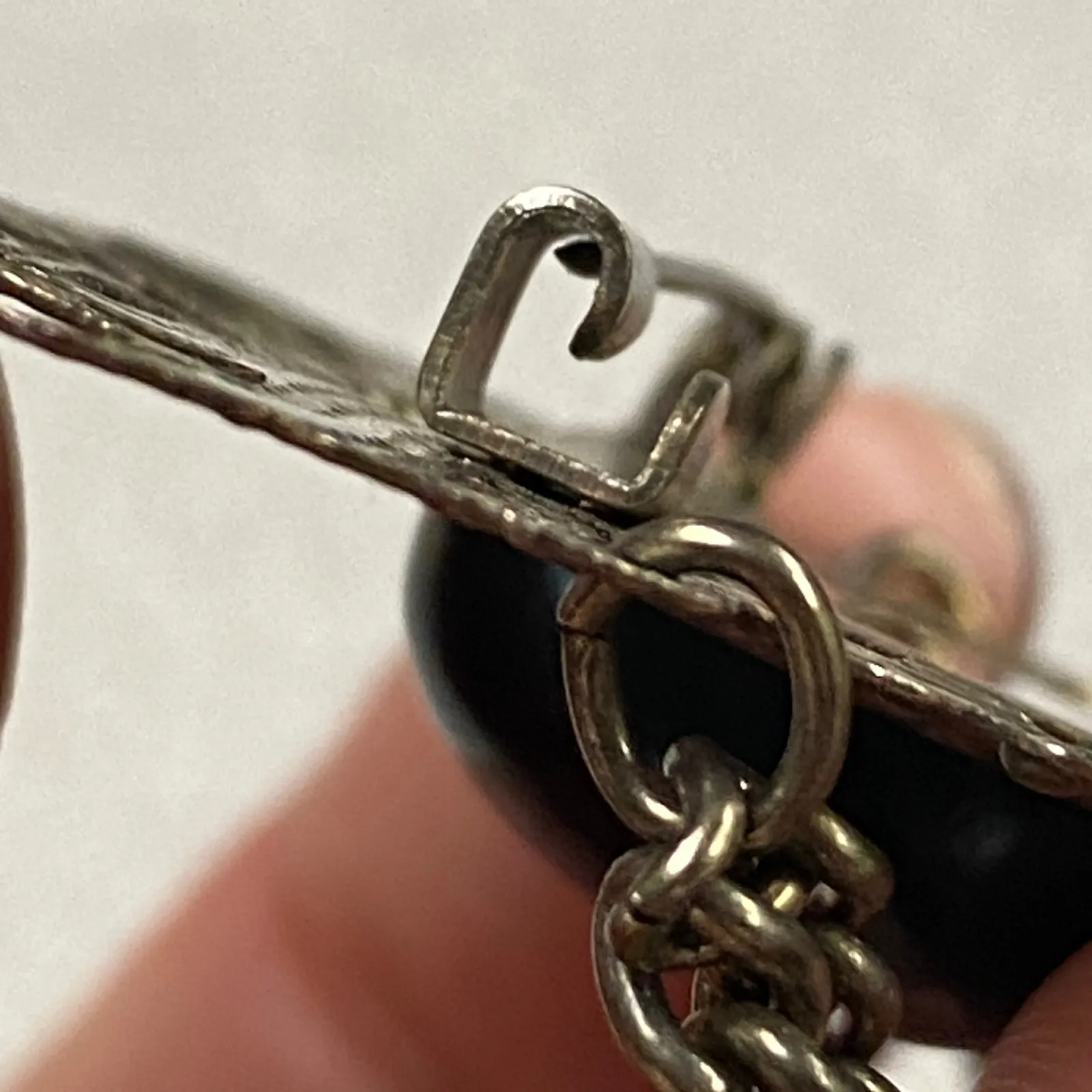 Vtg Ornate Filigree Brooch Pin Goth Black Blue Oval Cabochon Silvertone Grunge - Image 8