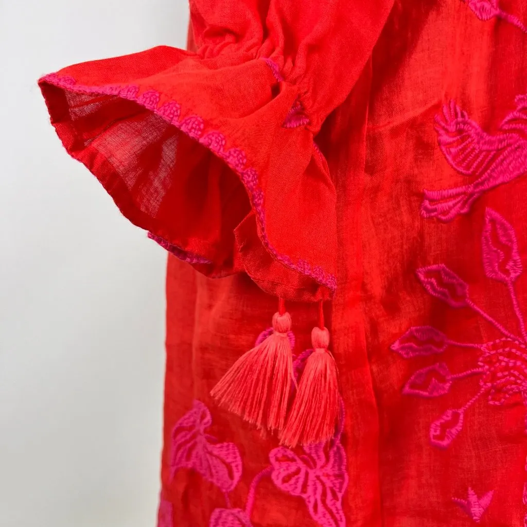 NWOT Johnny Was Ramie Embroidery Ruffles Red Luciana Tie Front Sleeve Dress S - Image 8