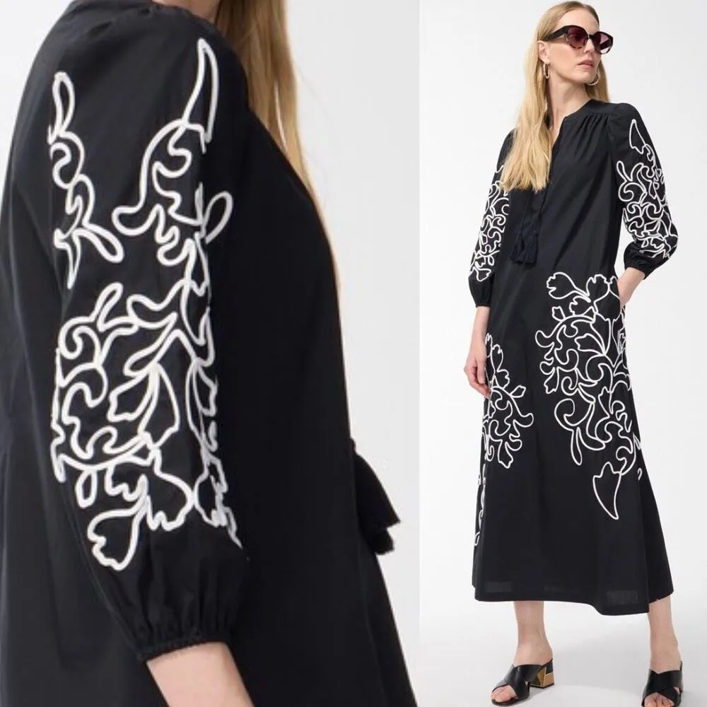 NEW Chico's Poplin Soutache Embroidered Maxi Dress Black Maxi Sz 4 Belt Pockets - Image 3