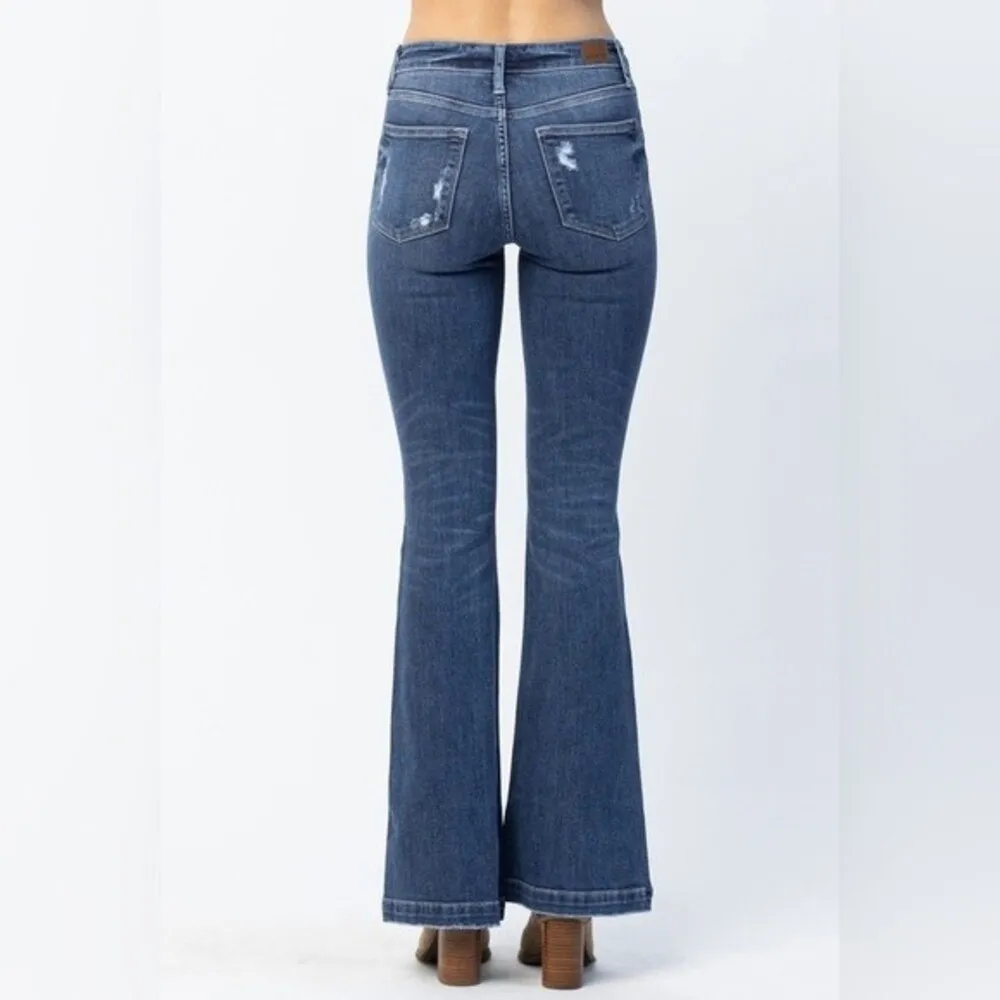 NWT Judy Blue Jeans Judith Button Fly Dark Wash Trouser Flare Size 26 | 2/3 NEW - Image 6