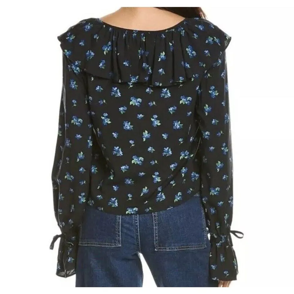 New WeWoreWhat Ruffle Blouse Watercolor Black Multi Ditsy Blue Flower Small - Image 2
