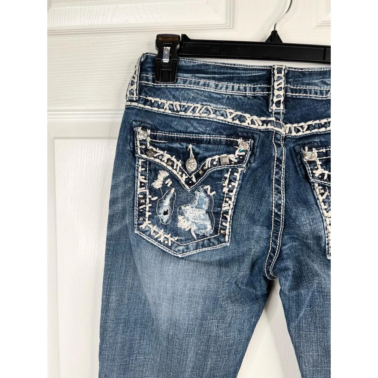 Miss Me Jeans Womens Size 29 Dark Wash Cropped Skinny Studded Distressed Denim - Image 8