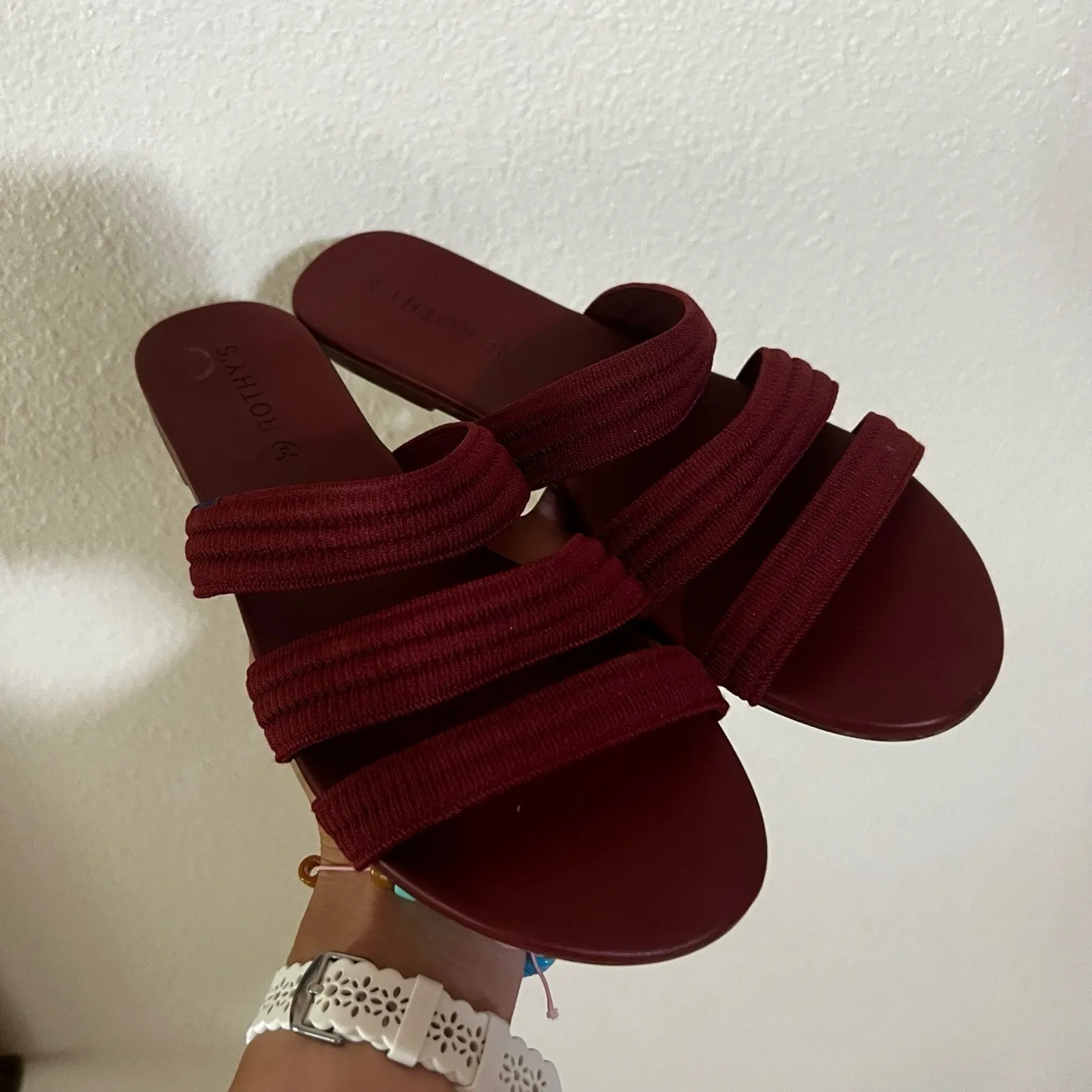 Rothy's  Womens 8.5 Sangria Red Triple Strap Flat Knit Sandals EcoFriendly - Image 2