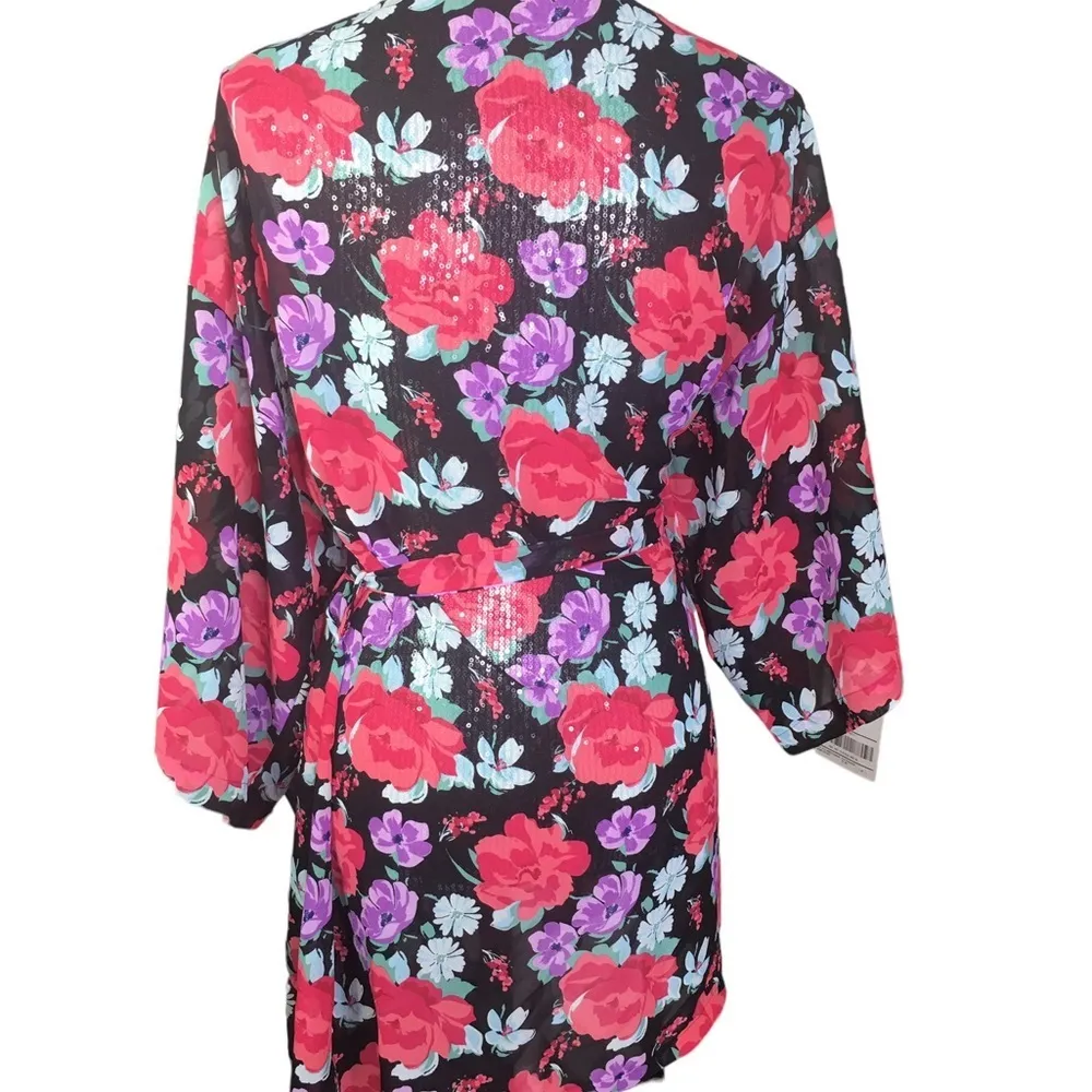 Flora by Flora Nikrooz sheer robe with tie floral black pink Large/X-Large - Image 4