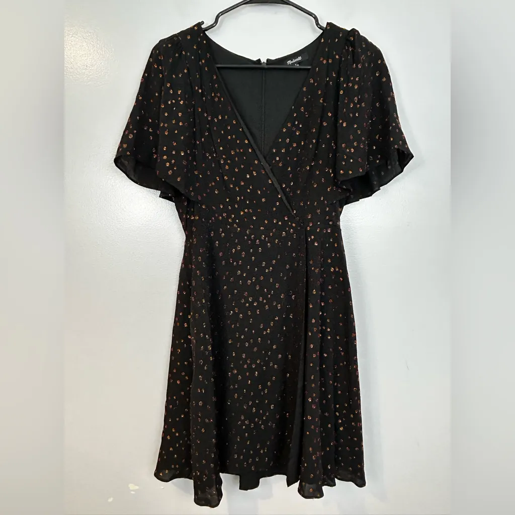 Madewell Black Short Cape Sleeve Metallic Dot Faux Wrap Mini Dress Size 2 - Image 3