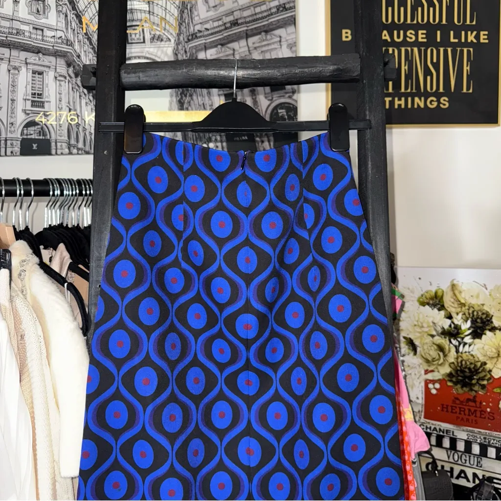 New Zara Blue Neoprene Geometric Print Midi Skirt XS - Image 9