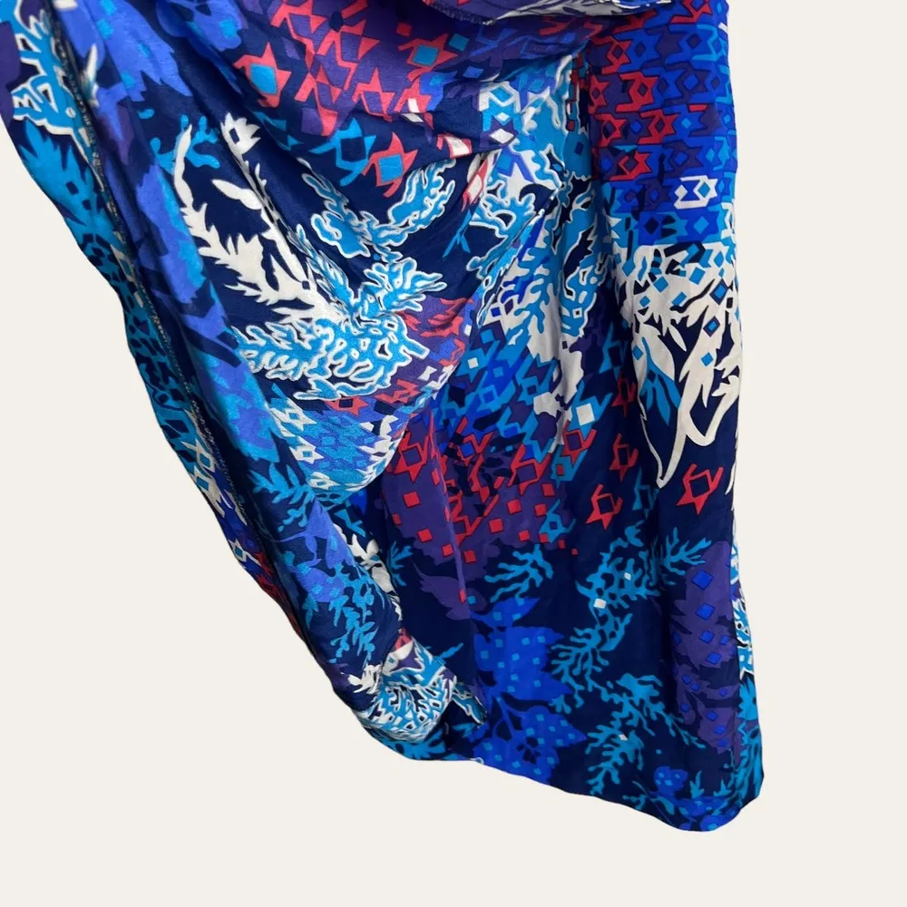 Yumi Kim Blue Silk Abstract Print V-Neck Faux Wrap Cocktail Dress Size Small - Image 5
