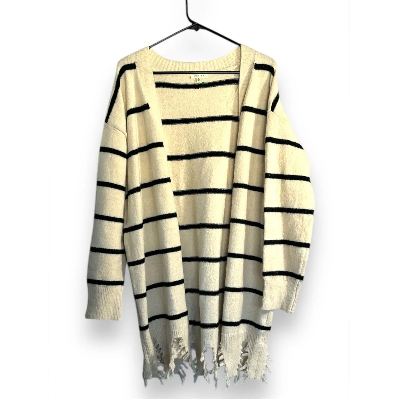 Jodifl Women's White Striped Fringed Bottom Open Front Cardigan Sweater sz S Coz - Image 3