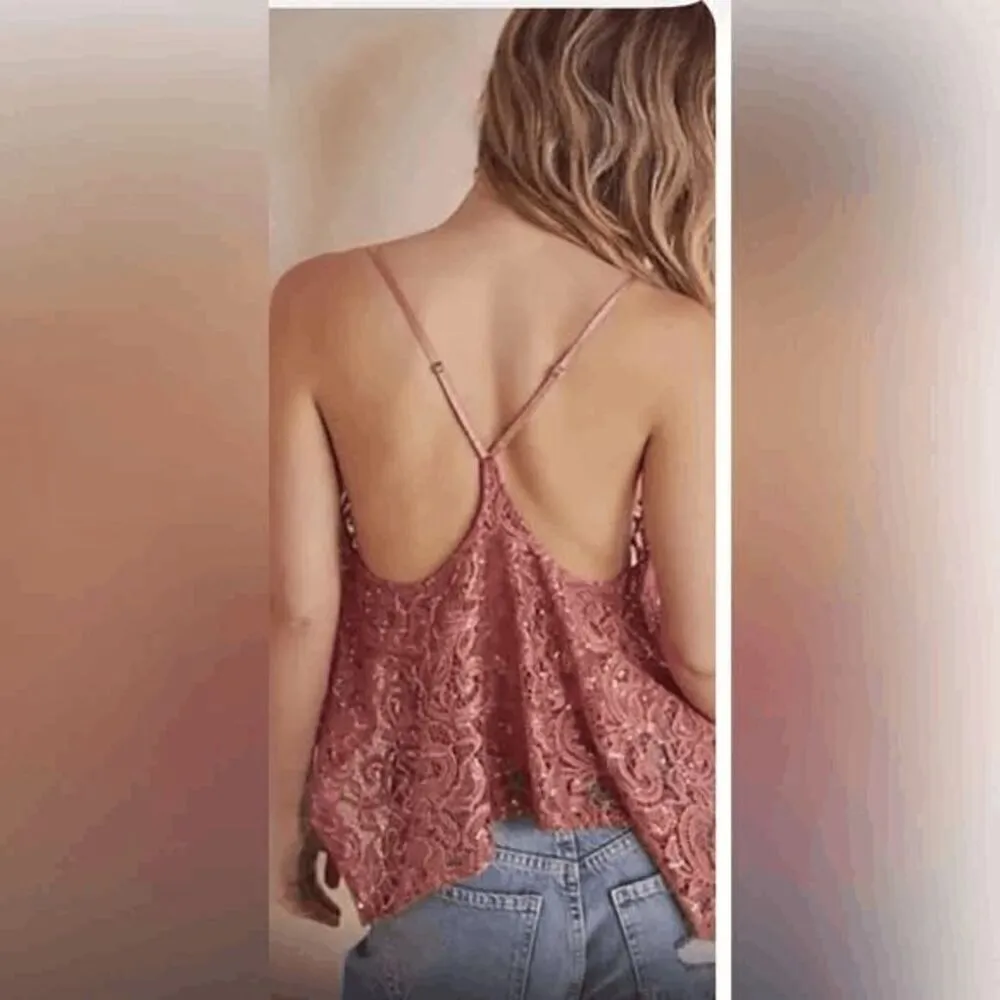 Free People Best Idea Rose Sequin Lace Cropped Handkerchief Hem Cami Small - Image 9