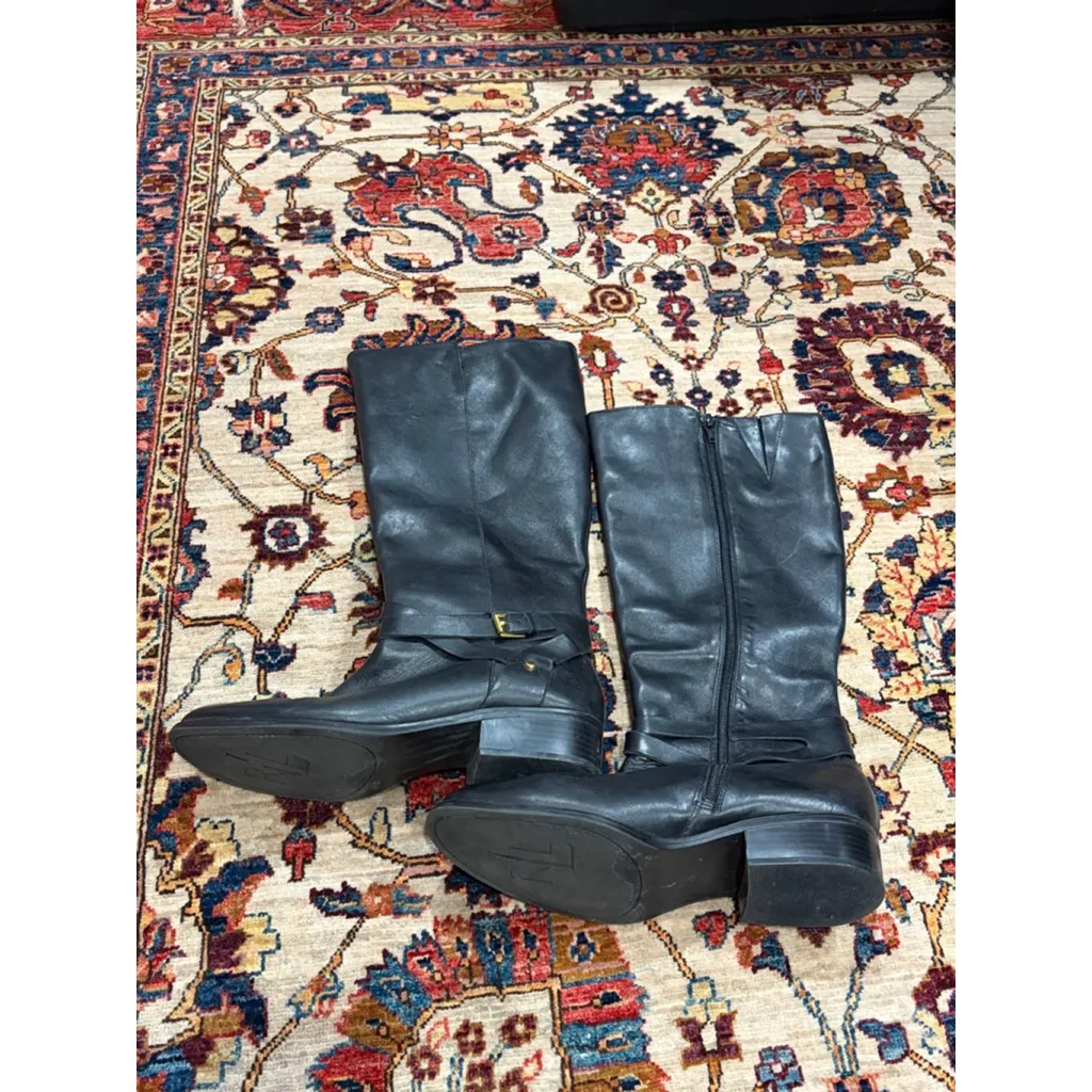 Lauren Ralph Lauren Black Leather Riding Boots Gold Buckle Tall Zip Size 9.5 - Image 2