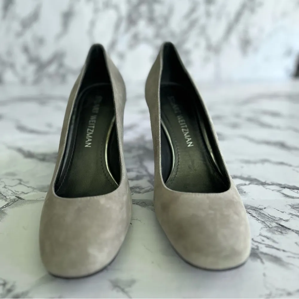 Stuart Weitzman Mary Pumps Suede Block Heel Grey 6W Classic Slip On Round Toe - Image 7
