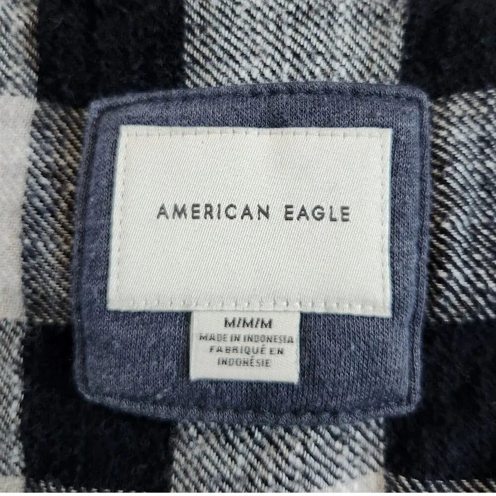 American Eagle Plaid Flannel Distressed Hoodie Button Up Black White Sz Medium - Image 6
