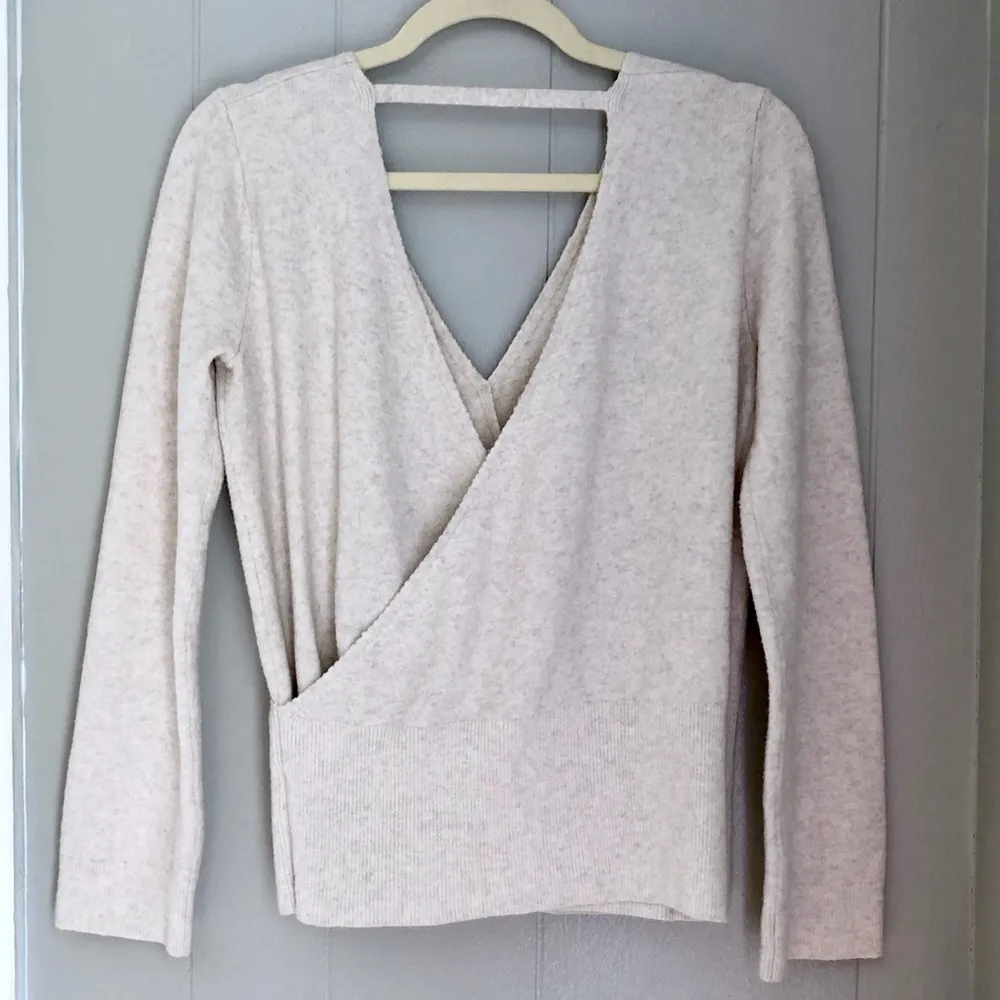 Cream Double V-neck Crossover Wool Blend Pullover Jumper Sweater Long Sleeve XXS - Image 2