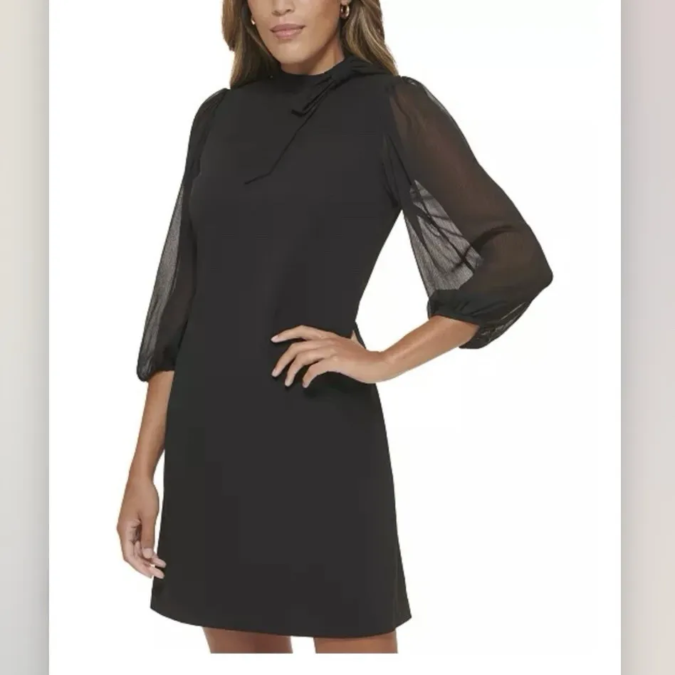 Calvin Klein Black Puff Sleeve Bow Tie Neck Stretch Crepe‎ Sheath Dress Size 16 - Image 2