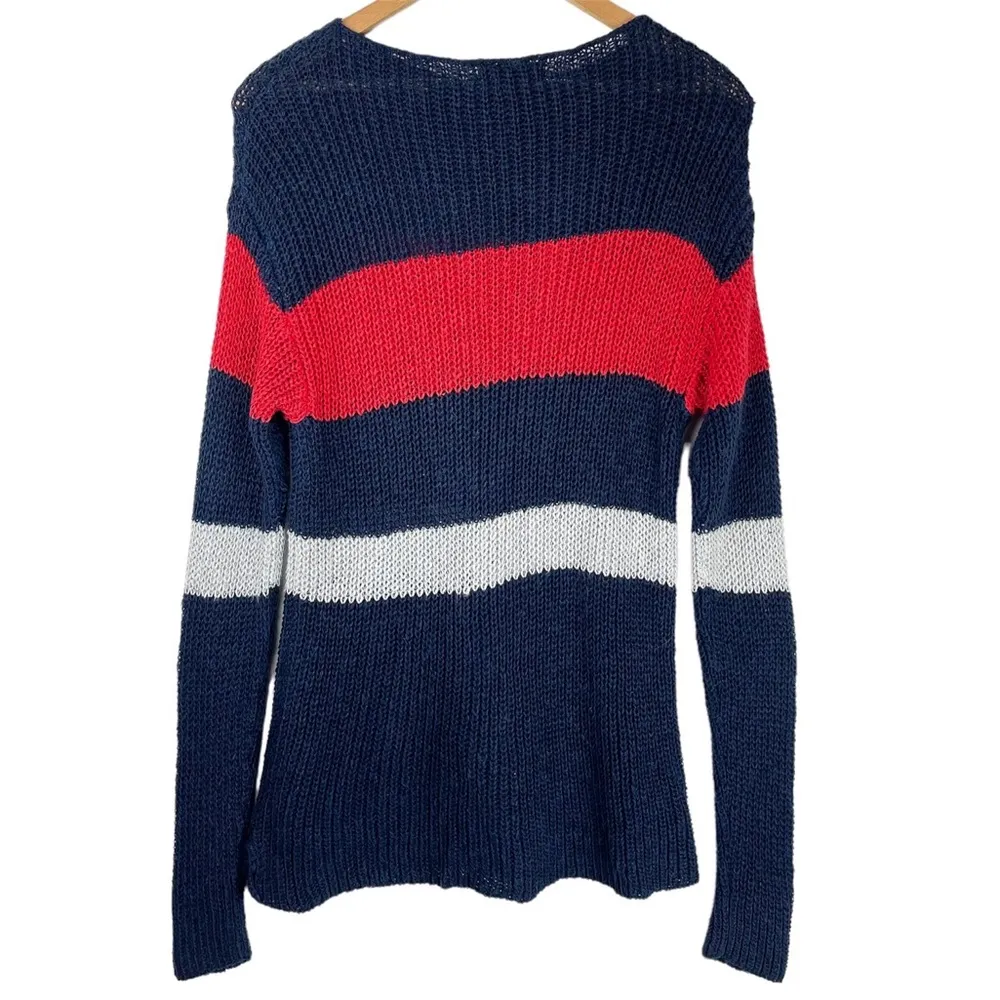 Lauren Ralph Lauren Linen Cotton Open Knit Stripe Sweater Western Sz Large Blue - Image 3