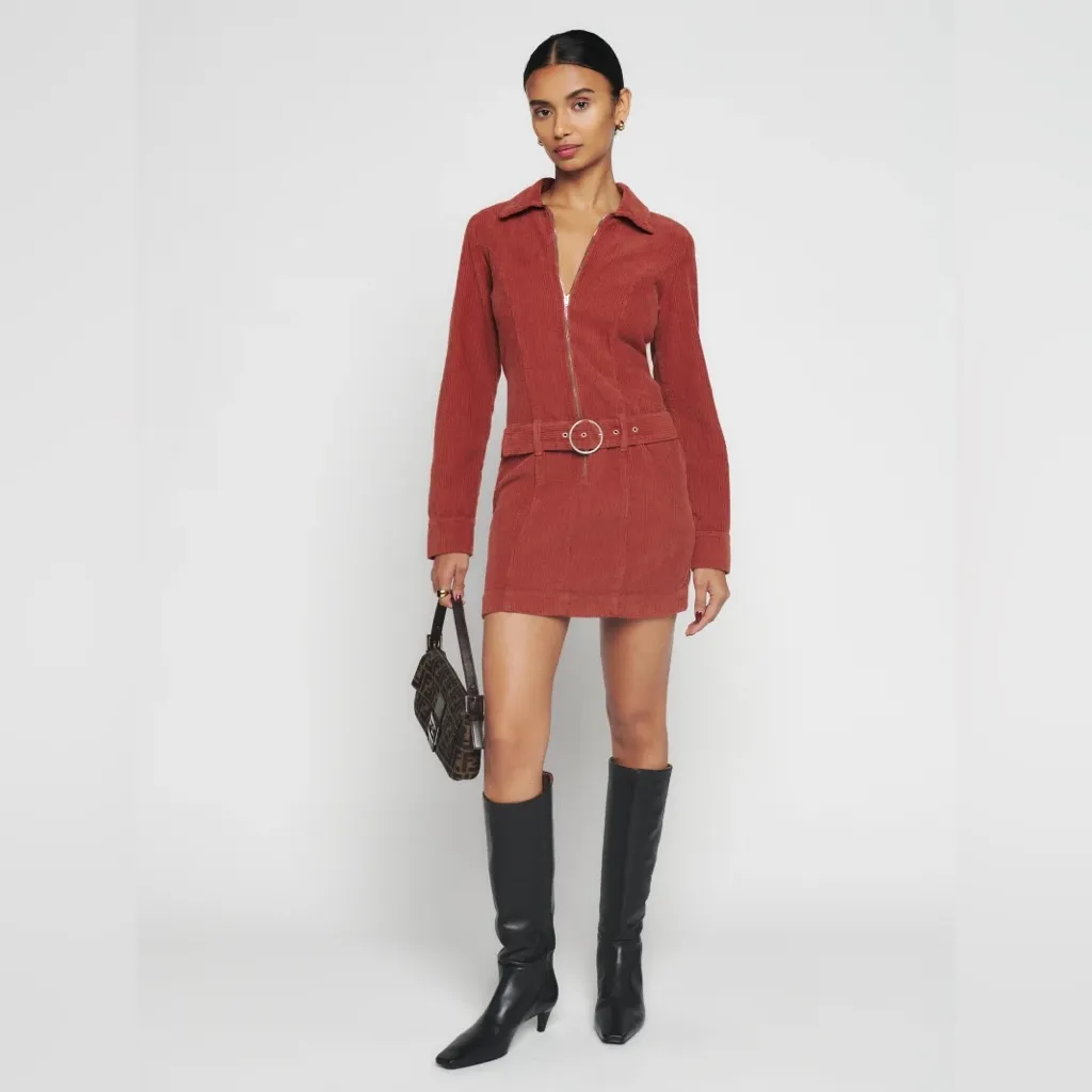Reformation Women’s Nini Corduroy Oxide Rust Red Orange Long Sleeve Mini Dress - Image 13