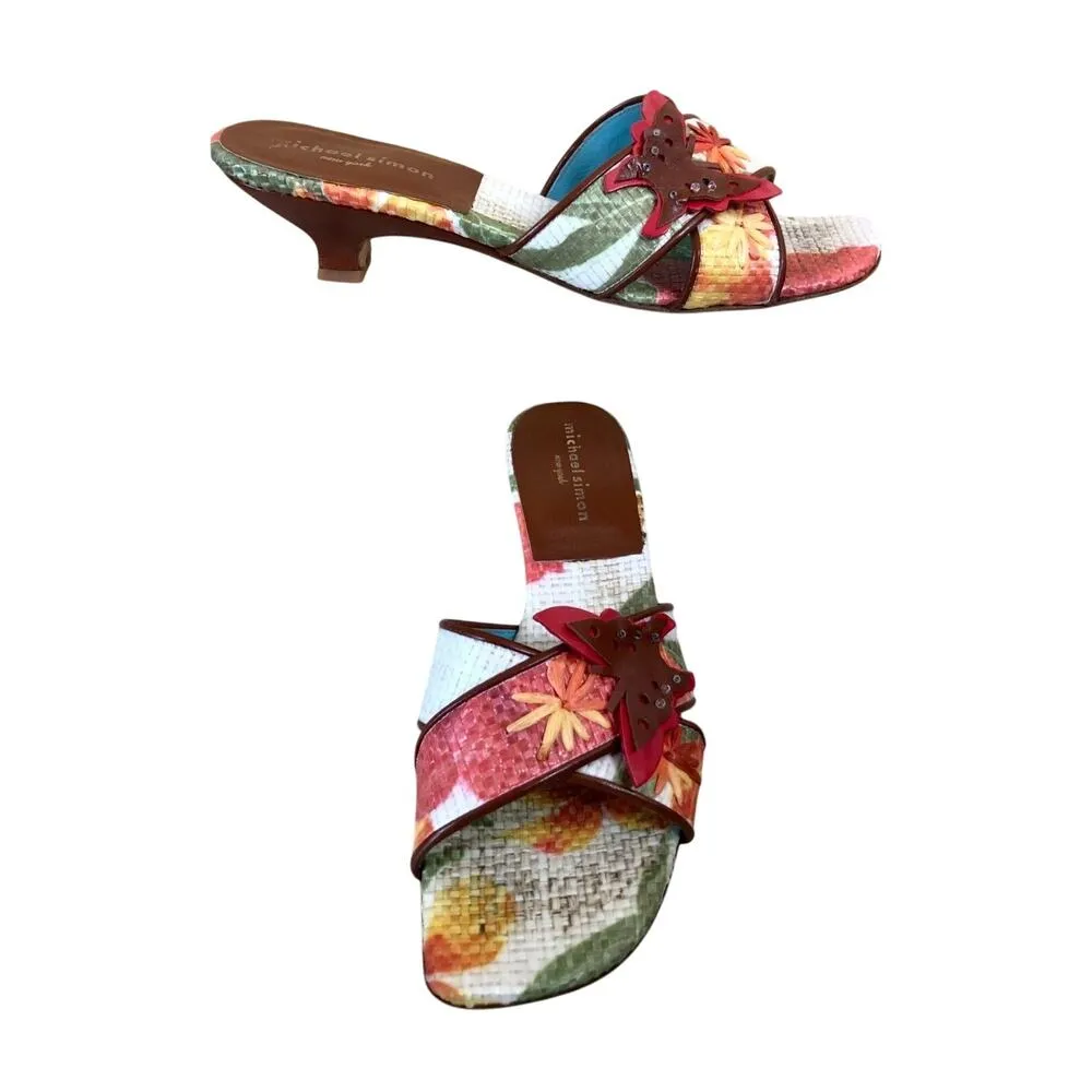 Michael Simon Shoe Slide Sandal Sz 7.5 Leather Textured Fabric Butterfly $150 Brown - Image 2