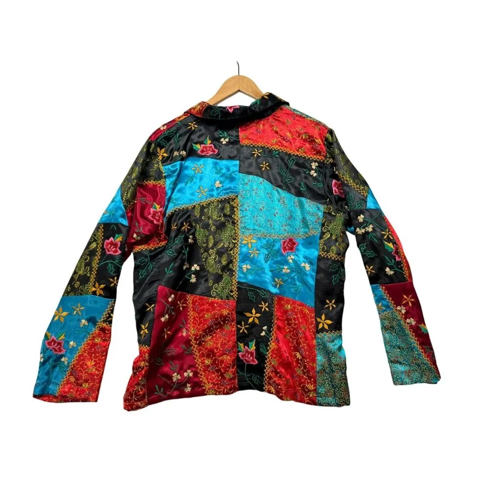 Coldwater Creek Satin Patchwork Jacket Asian Floral Art to Wear Top Womens L Vtg - Image 2