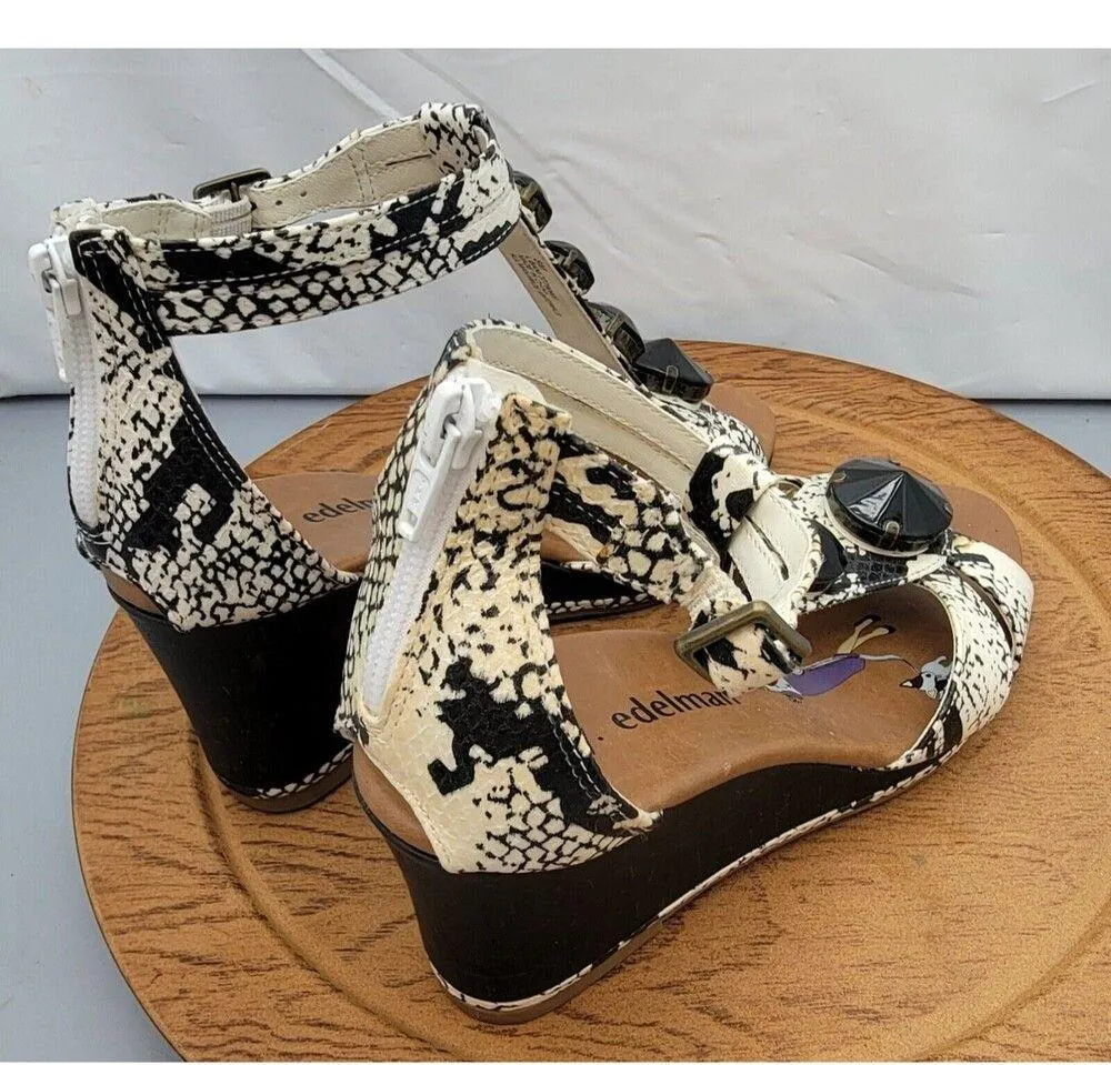 Libby Edelman Wedge Zipper Back Open Toe Strappy Shoes 8M White Snake Print EUC Size 8 - Image 3
