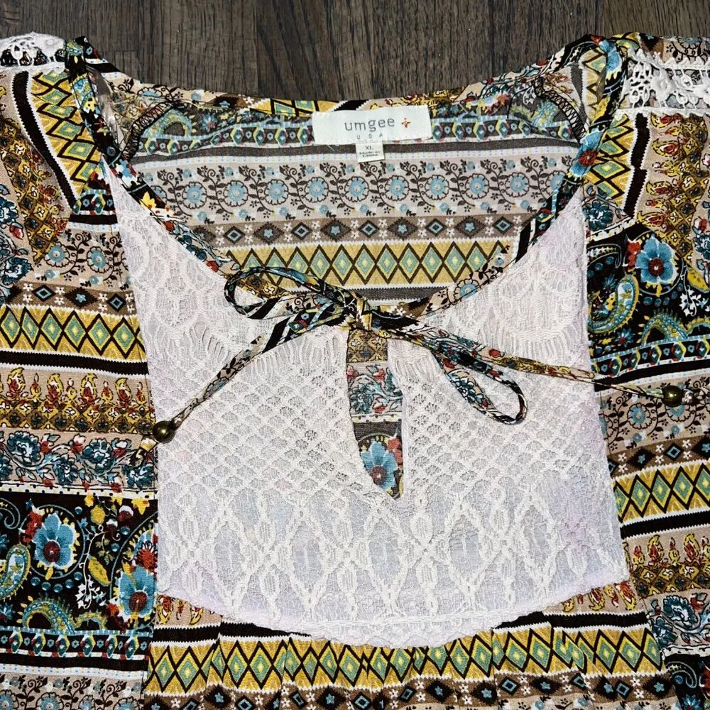 Umgee Multi-Colored Paisley 3/4 Sleeve with Lace Tunic Dress Size XL NWOT - Image 2