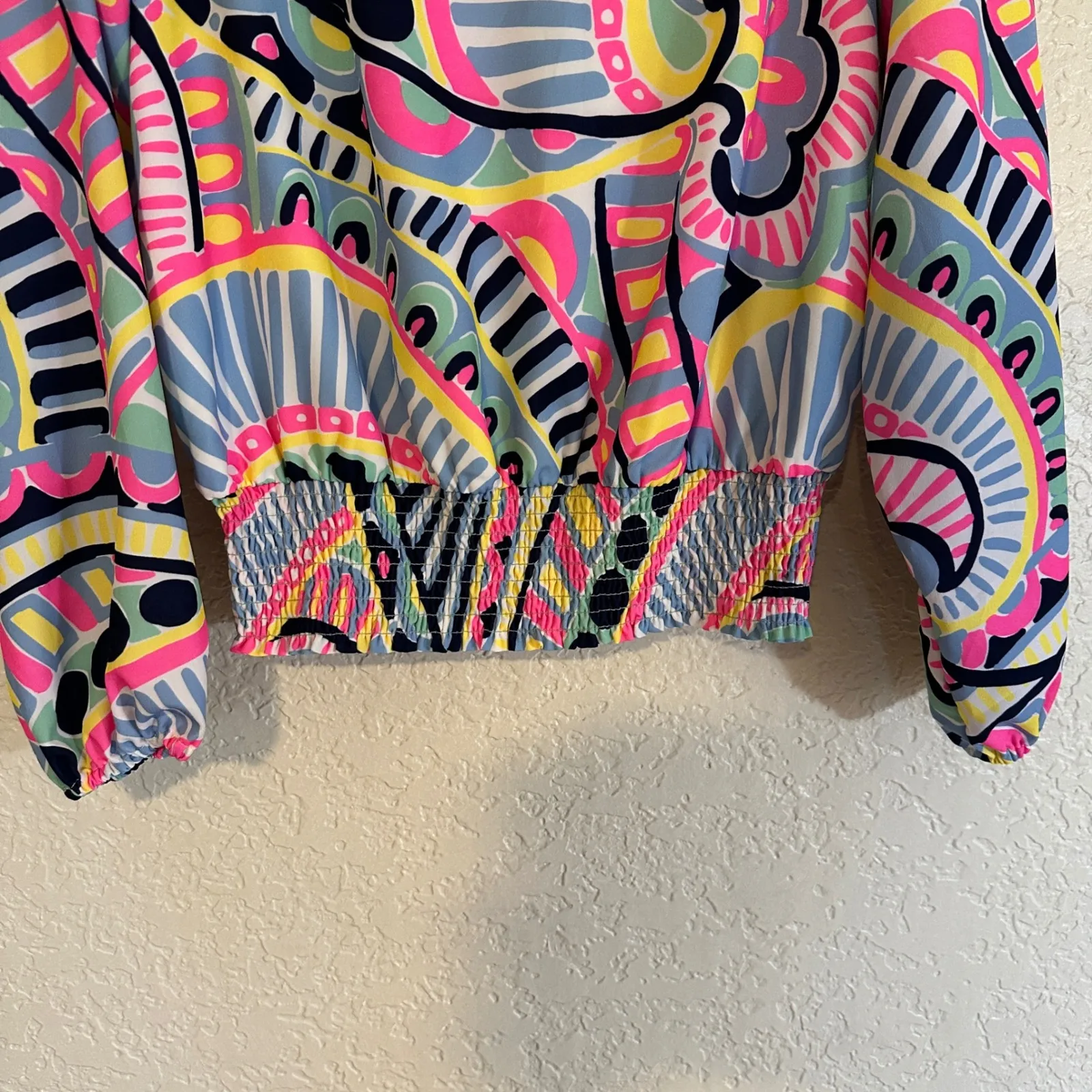 Sail to Sable Small Colorful Abstract Smocked Waist V Neck Long Sleeve Blouse - Image 4