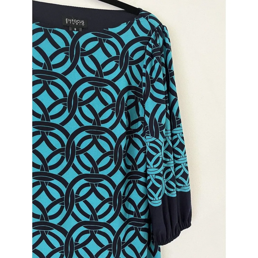 Enfocus Studio Blue Geometric Print Slinky 3/4 Sleeve Career Shift Dress Size 8 - Image 3