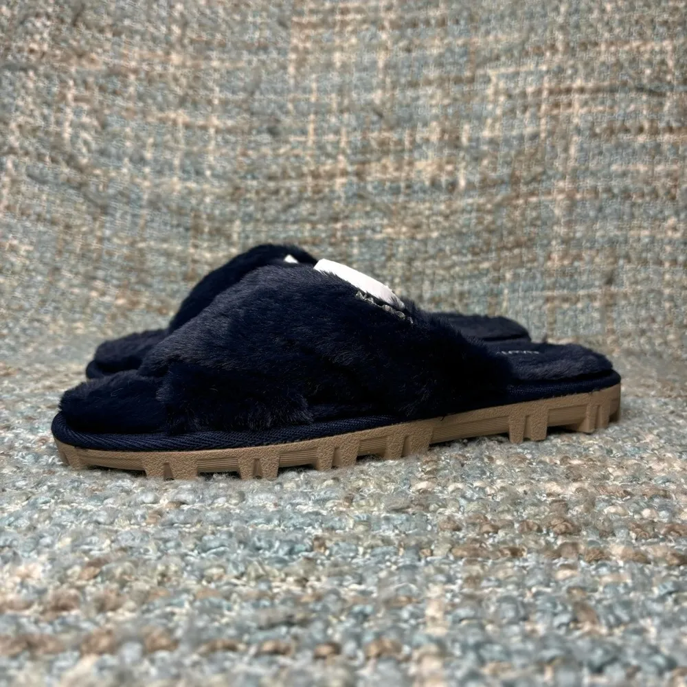 Nautica Aren Fluffy Faux Fur Indoor/Outdoor Slide Sandal Slippers in Navy - Image 2